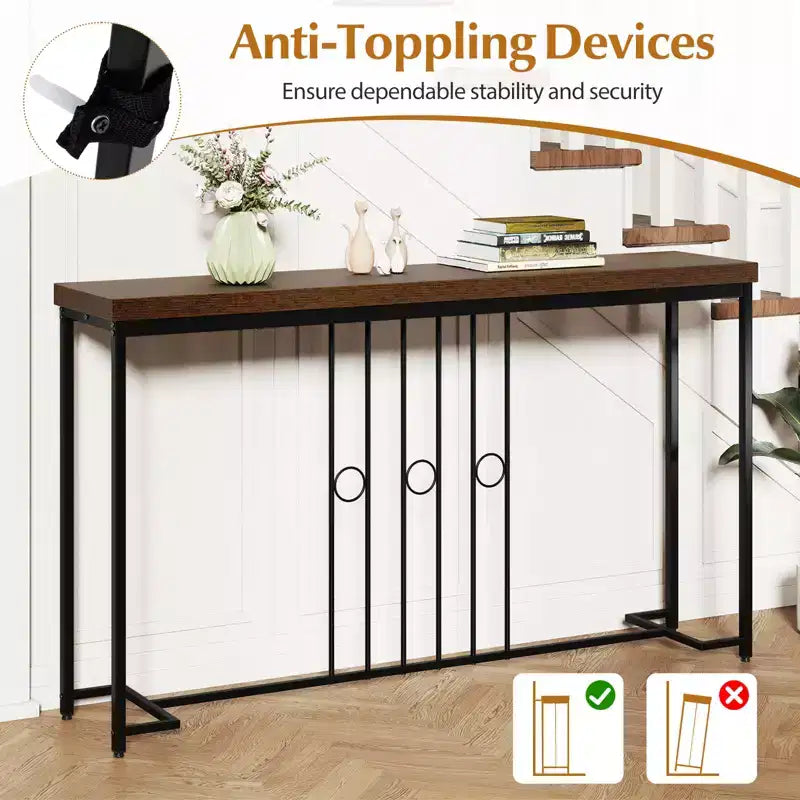 Console industrielle 140 cm étroite avec base en H et plateau spacieux