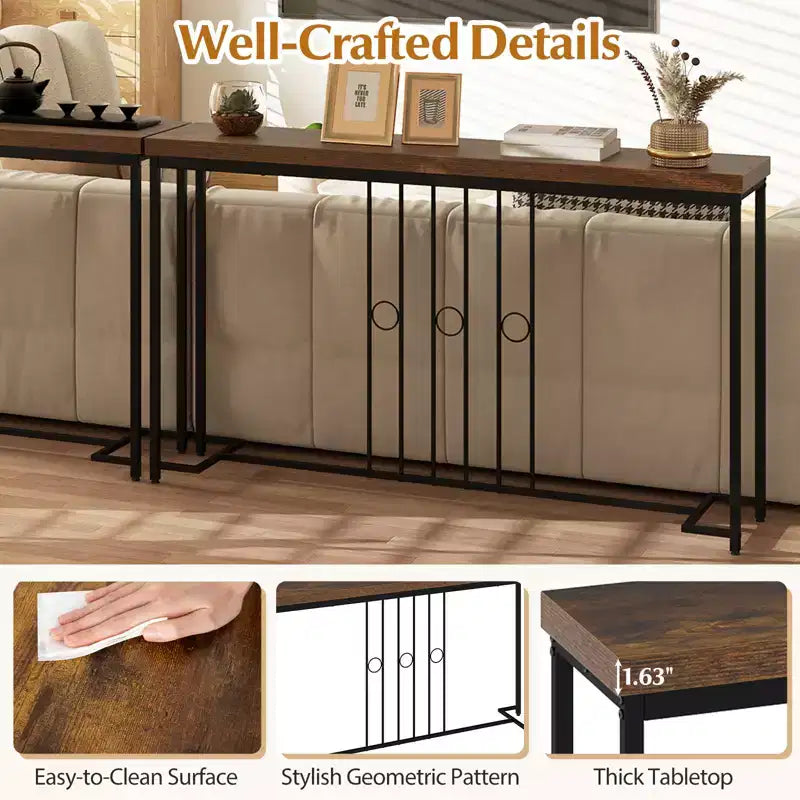 Console industrielle 140 cm étroite avec base en H et plateau spacieux