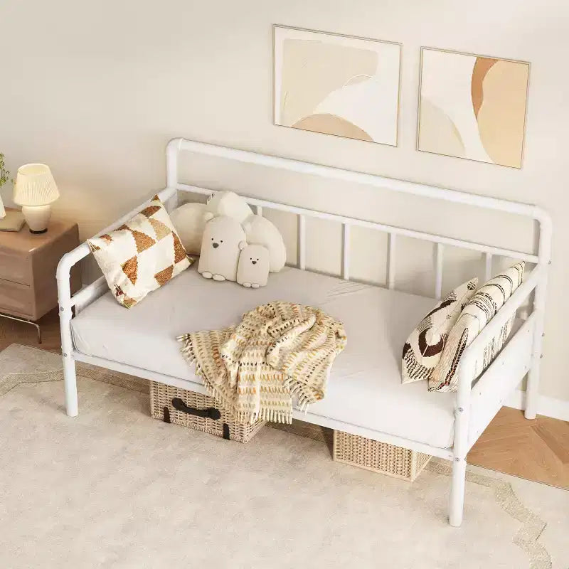 Lit de repos en métal jumeau avec tête de lit classique, canapé-lit pour espaces polyvalents - Blanc