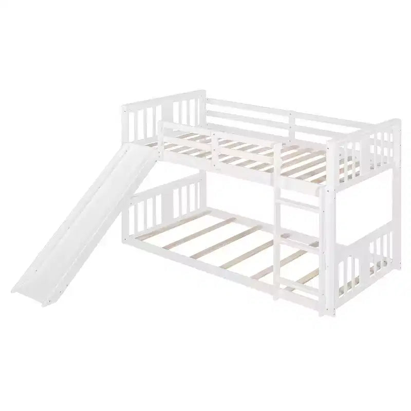 Lit superposé bas en bois jumeau sur jumeau avec toboggan réversible pour enfants