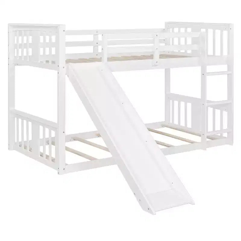 Lit superposé bas en bois jumeau sur jumeau avec toboggan réversible pour enfants