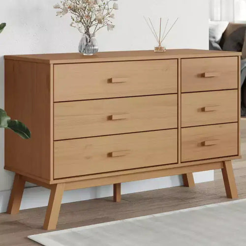 Commode 6 tiroirs en pin massif, Marron, Style scandinave