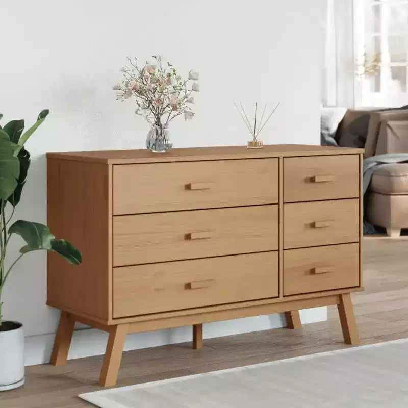 Commode 6 tiroirs en pin massif, Marron, Style scandinave