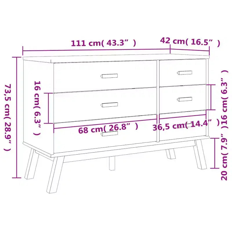 Commode 6 tiroirs en pin massif, Marron, Style scandinave
