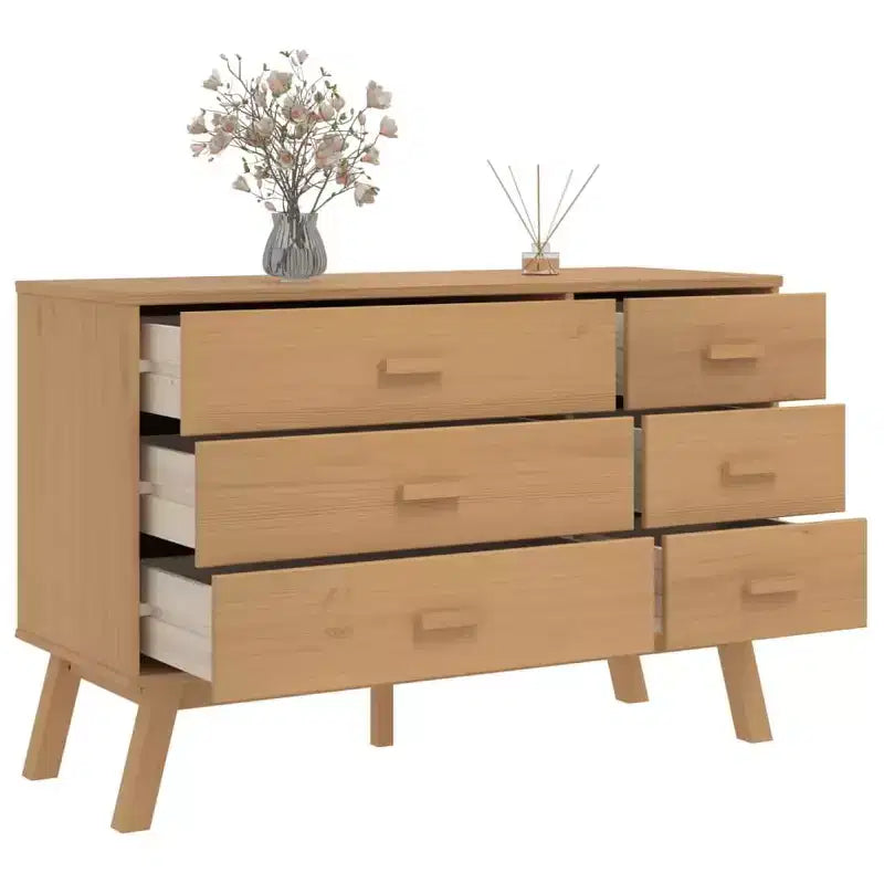 Commode 6 tiroirs en pin massif, Marron, Style scandinave