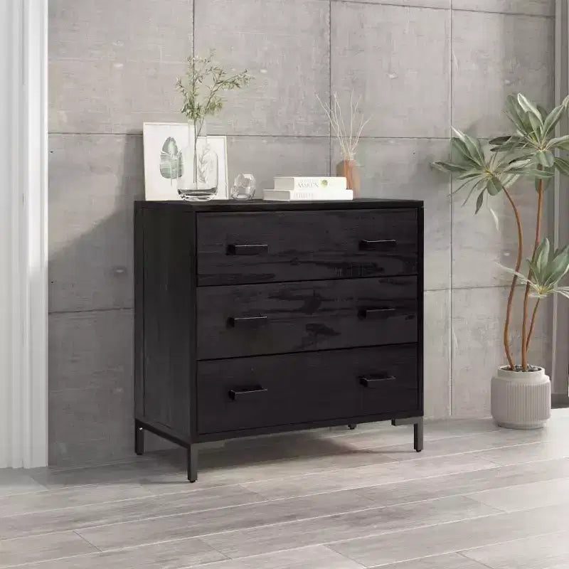 Commode 3 tiroirs en pin massif, noire, style vintage