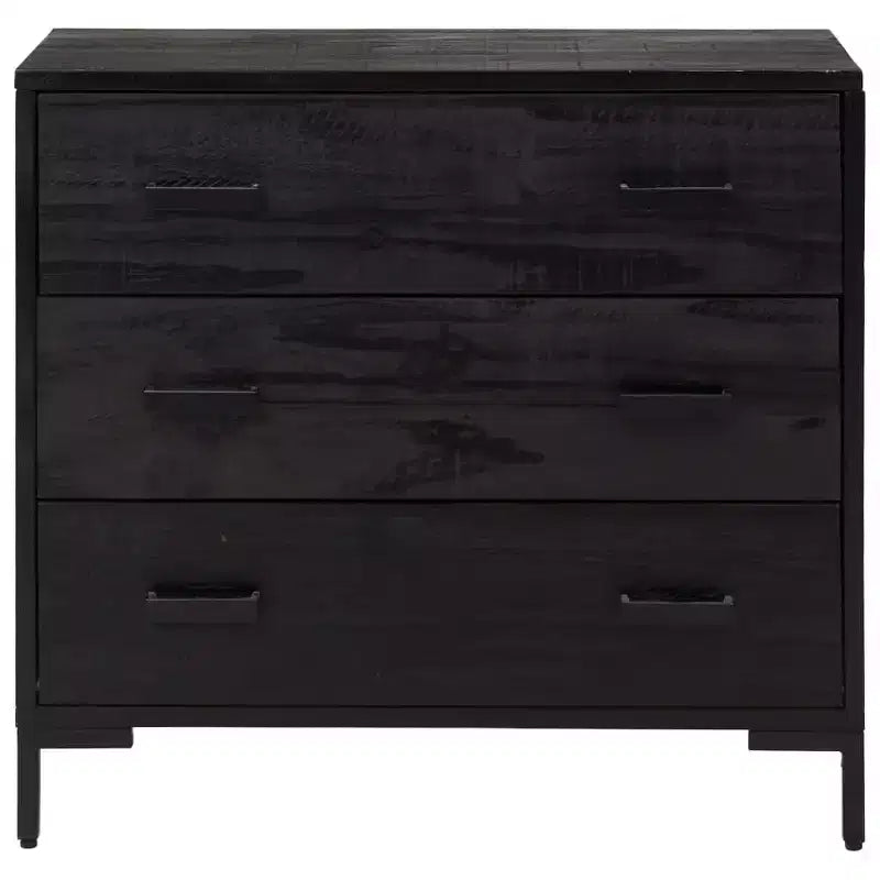 Commode 3 tiroirs en pin massif, noire, style vintage