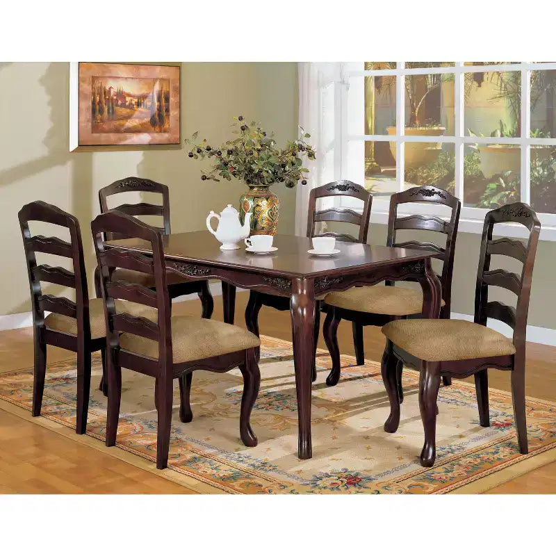 Table à manger rectangulaire avec accents floraux, Noyer foncé, 6 places