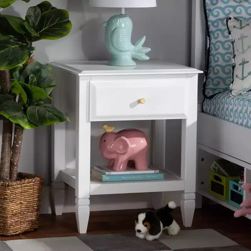 Table de chevet de chambre en bois, Blanc/Doré