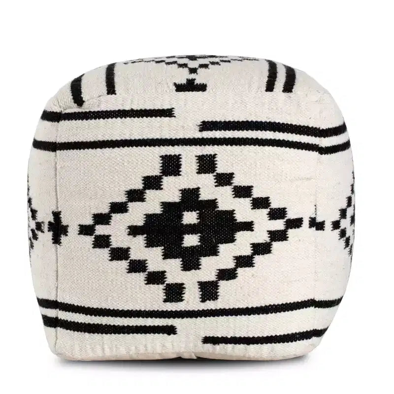 Pouf géométrique noir et blanc, fait à la main, carré, laine et coton