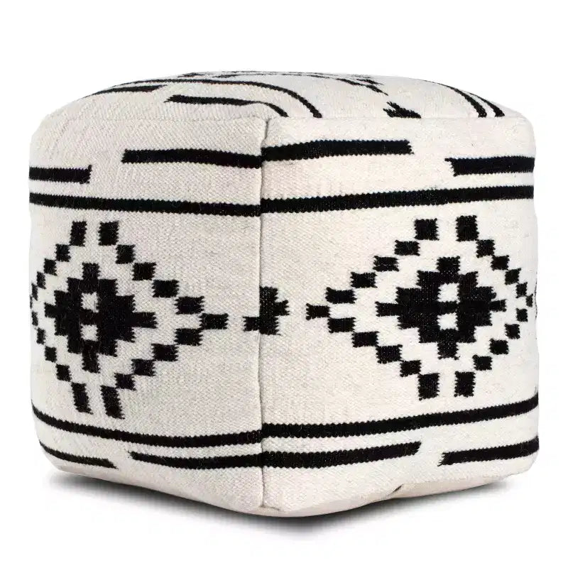 Pouf géométrique noir et blanc, fait à la main, carré, laine et coton
