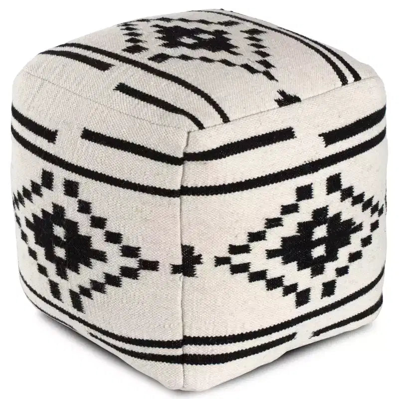 Pouf géométrique noir et blanc, fait à la main, carré, laine et coton