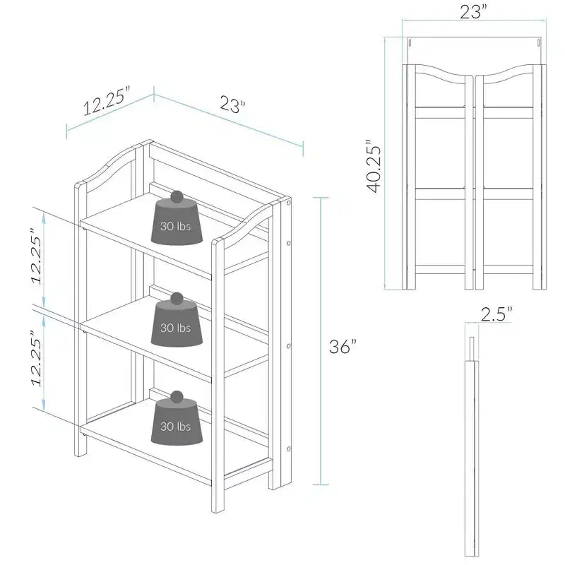 Étagère pliante à 3 niveaux, bois teinté, quincaillerie en acier, anti-basculement