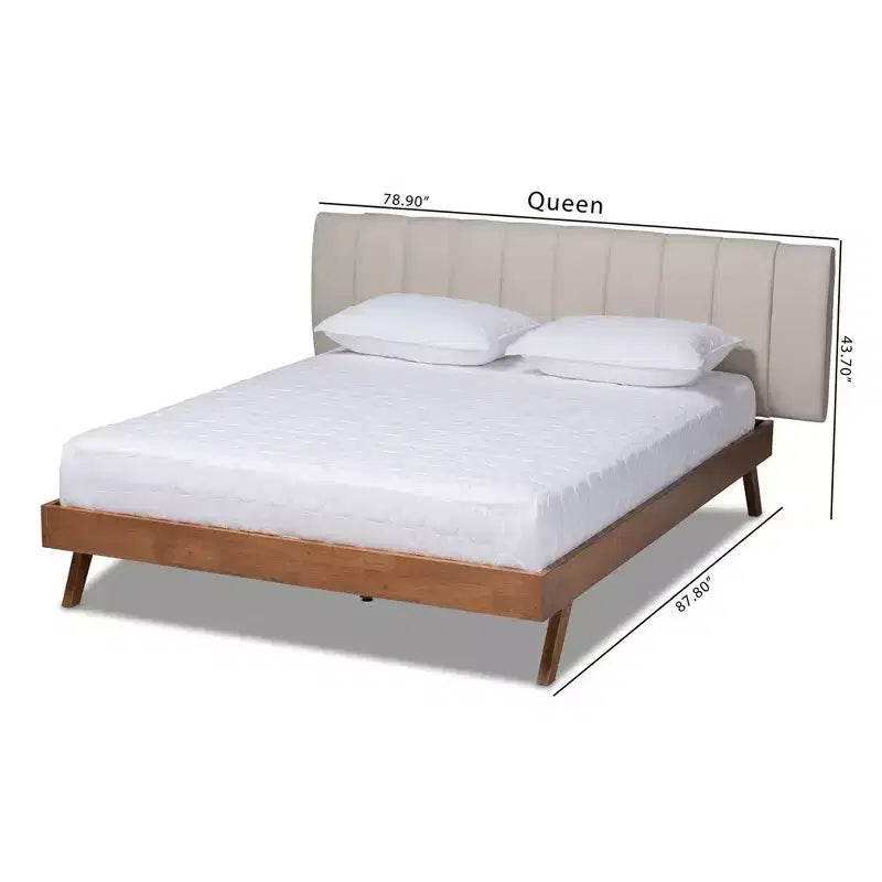 Lit plateforme King en noyer avec tête de lit capitonnée, beige
