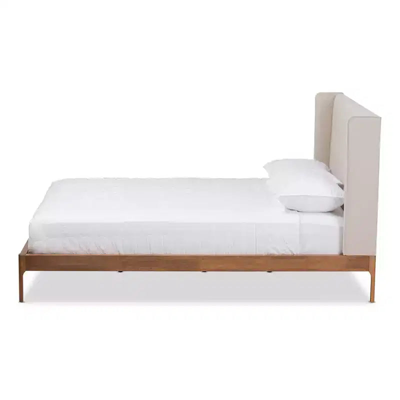 Lit plateforme en noyer style Mid-Century Modern avec revêtement en tissu, beige