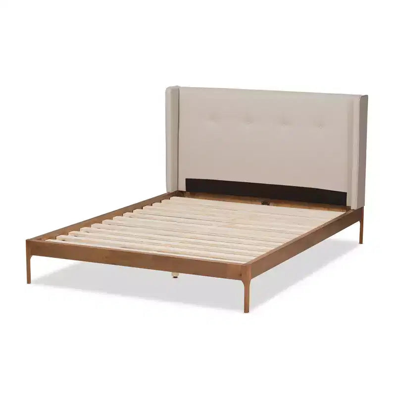 Lit plateforme en noyer style Mid-Century Modern avec revêtement en tissu, beige