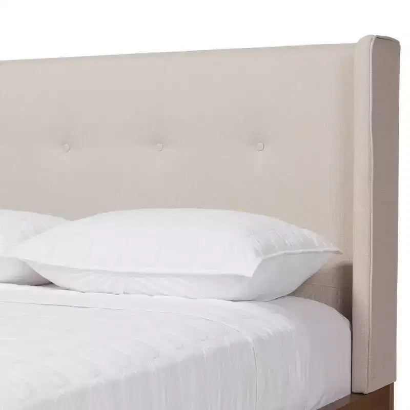 Lit plateforme en noyer style Mid-Century Modern avec revêtement en tissu, beige