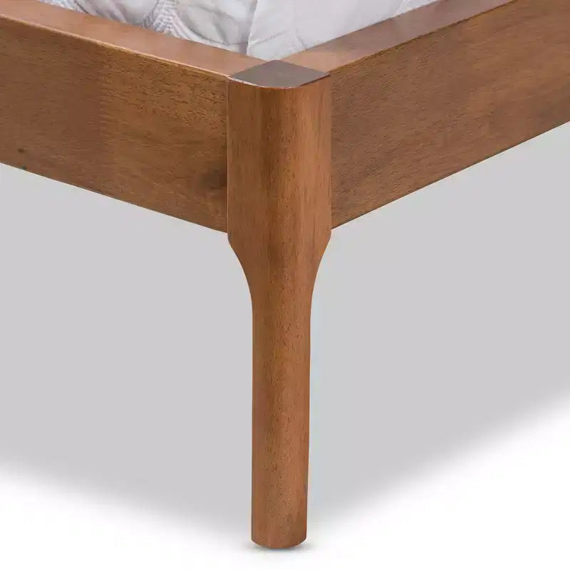 Lit plateforme en noyer style Mid-Century Modern avec revêtement en tissu, beige