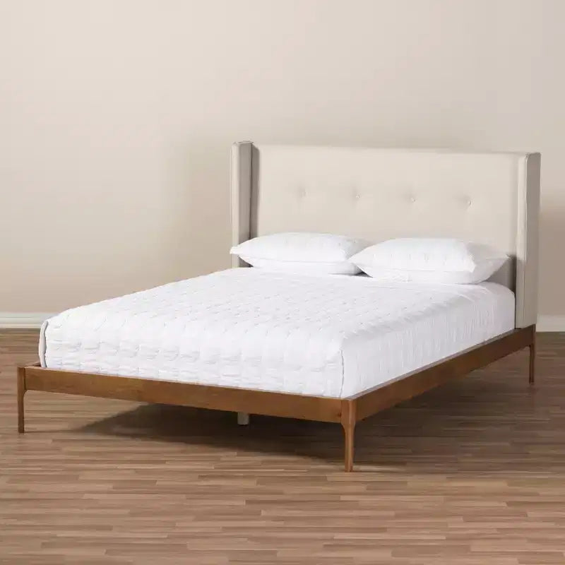 Lit plateforme en noyer style Mid-Century Modern avec revêtement en tissu, beige