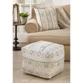 Pouf de sol en tissu Mudcloth au design abstrait, blanc, 20x20x14