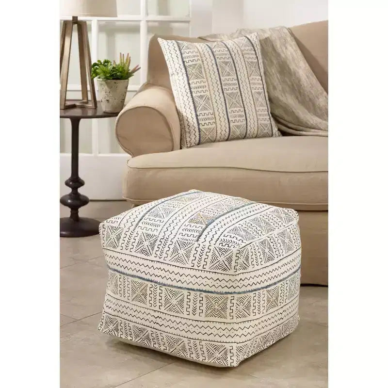 Pouf de sol en tissu Mudcloth au design abstrait, blanc, 20x20x14