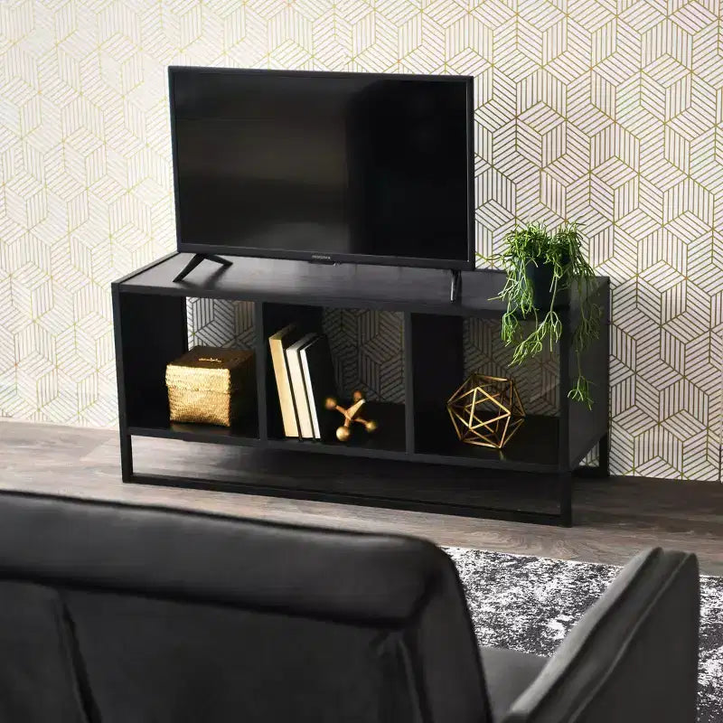 Meuble TV Table Basse avec Compartiments de Rangement Cubiques Bois Chêne Noir et Métal Noir